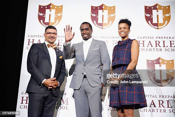 Dr. Steve Perry, Sean "Diddy" Combs and school principal, Danita Jones attend the Sean "Diddy" Combs Charter School opening at Capital Preparatory...