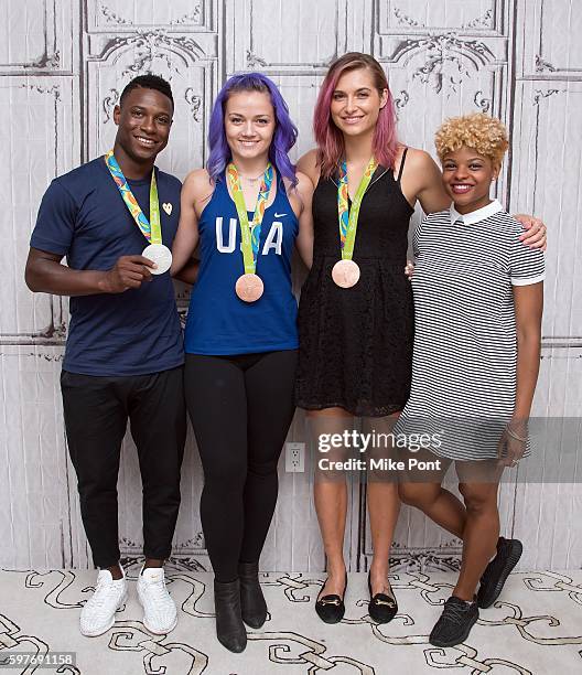 Olympic fencing team members Daryl Homer, Dagmara Wozniak, Monica Aksamit, and Nzingha Prescod attend the AOL Build Speaker Series to discuss 2016...