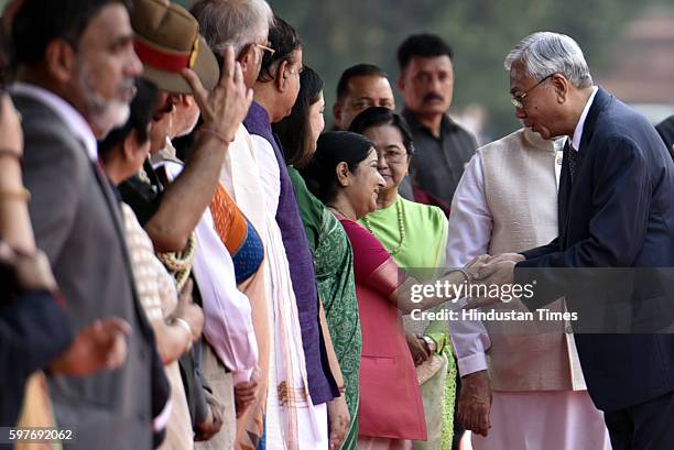 Myanmar's President Htin Kyaw meets Minister of External Affairs of India Sushma Swaraj during his ceremonial reception at the forecourt of Indian...