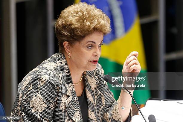 Suspended Brazilian President Dilma Rousseff testifies on the Senate floor during her impeachment trial on August 29, 2016 in Brasilia, Brasil....