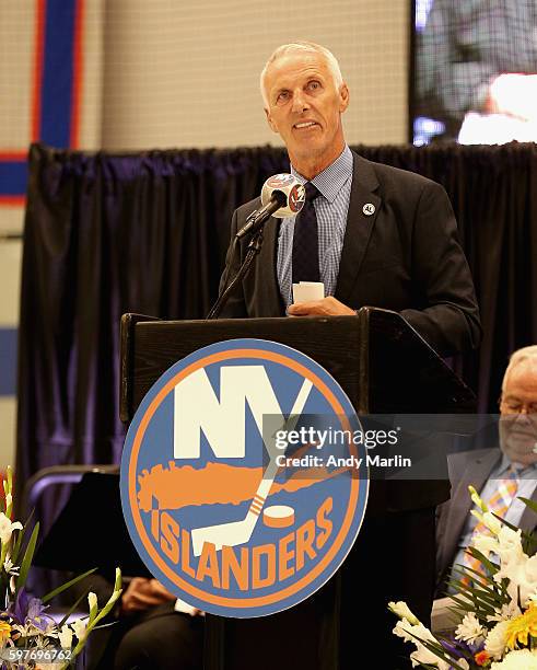 New York Islanders former player and member of the HHOF Mike Bossy addresses the guests during the New York Islanders memorial service for Al Arbour...