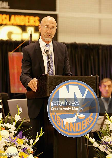 New York Islanders former right wing Bob Nystrom addresses the guests during the New York Islanders memorial service for Al Arbour on August 29, 2016...