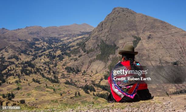 quechua woman looking at the landscape near cusco - quechuas fotografías e imágenes de stock