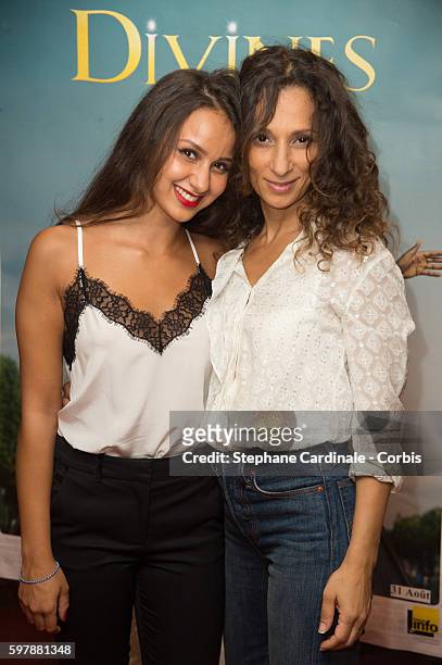Actress Oulaya Amamra and Director Houda Benyamina attend the "Divines" Paris Premiere at UGC Cine Cite des Halles on August 29, 2016 in Paris,...