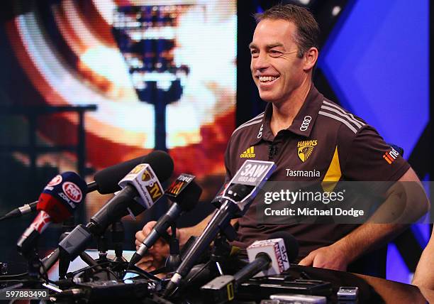 Hawthorn Hawks head coach Alastair Clarkson reacts as he speaks to the media during an AFL Finals media opportunity at Fox Studios on August 30, 2016...