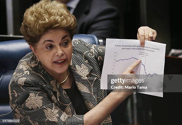 Suspended President Dilma Rousseff points to an economic chart displaying oil prices while answering a question from a Senator on the Senate floor...