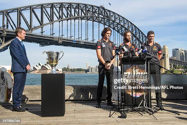 Phil Davis, Callan Ward and Leon Cameron of the Giants speak to the media during an AFL Finals launch at Sydney Opera House on August 30, 2016 in...