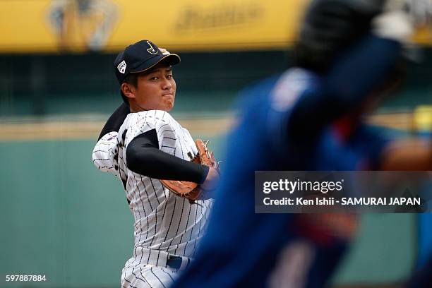 Naruki Terashima of Japan throws a pitch in top half of the first inning in the game between Japan and Hong Kong during the 11th BFA U-18 Baseball...