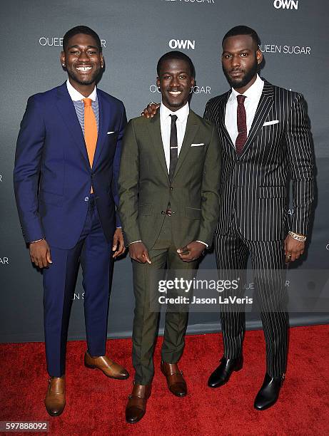 Actors Kwame Boateng, Kwesi Boakye and Kofi Siriboe attend the premiere of "Queen Sugar" at Warner Bros. Studios on August 29, 2016 in Burbank,...