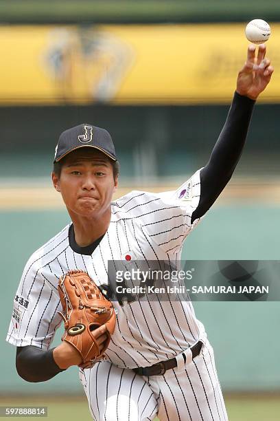 Naruki Terashima of Japan throws a pitch in top half of the second inning in the game between Japan and Hong Kong during the 11th BFA U-18 Baseball...