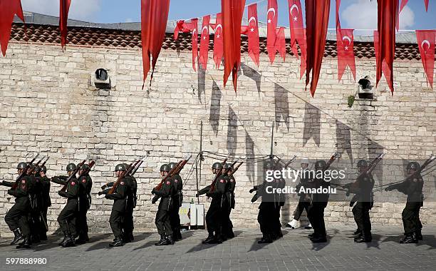 Turkish soldiers attend ceremony at Taksim Republic Monument to mark 94th Anniversary of Turkeys Victory Day in Istanbul, Turkey on August 30, 2016....