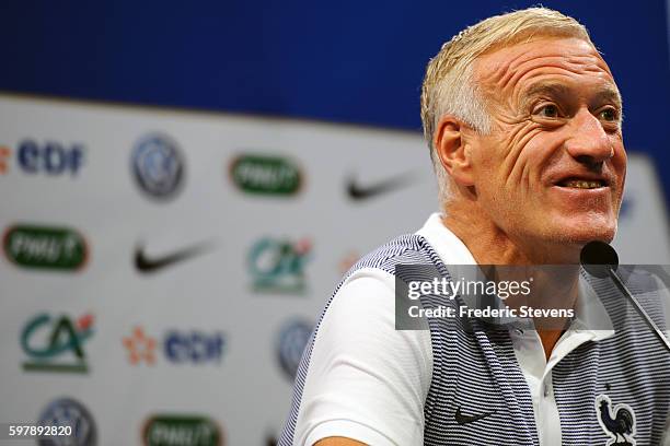 French Football Team head coach Didier Deschamps during the press conference before the training session on August 29, 2016 in Clairefontaine,...