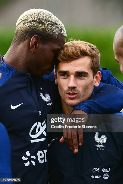 French Football Team forward Antoine Griezmann and midfielder Paul Pogba during a training session on August 29, 2016 in Clairefontaine, France. The...