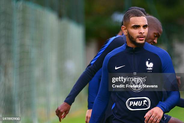 French Football Team defender Layvin Kurzawa during a training session on August 29, 2016 in Clairefontaine, France. The training session comes...