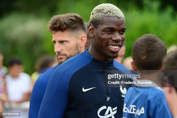 French Football Team midfielder Paul Pogba during a training session on August 29, 2016 in Clairefontaine, France. The training session comes before...