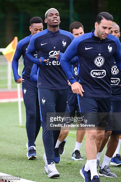 French Football Team midfielder Paul Pogba during a training session on August 29, 2016 in Clairefontaine, France. The training session comes before...