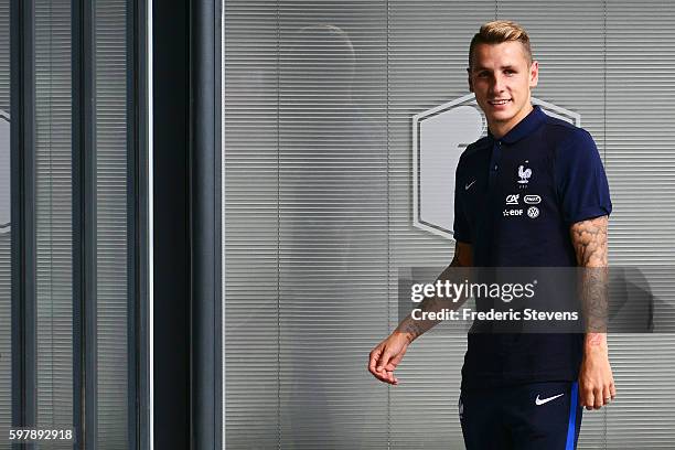 French Football Team defender Lucas Digne arrives for a press conference before the training session on August 29, 2016 in Clairefontaine, France....