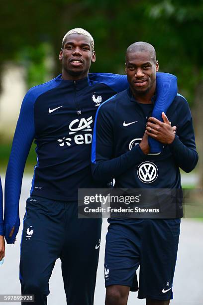 French Football Team midfielder Geoffrey Kondogbia and midfielder Paul Pogba during a training session on August 29, 2016 in Clairefontaine, France....