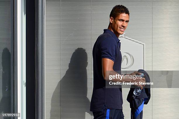 French Football Team defender Raphael Varane arrives for a press conference before the training session on August 29, 2016 in Clairefontaine, France....