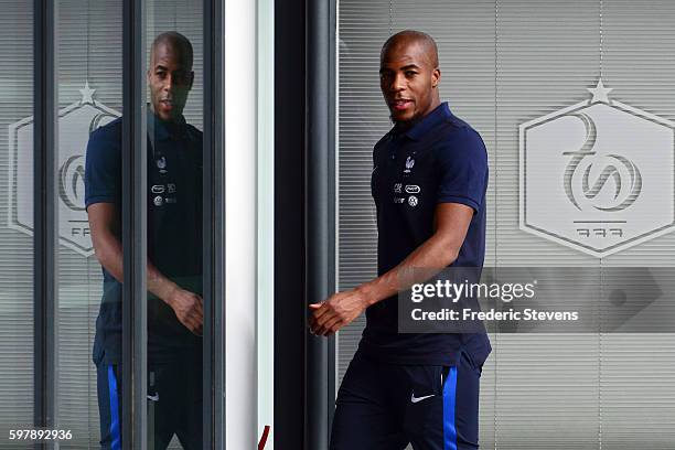 French Football Team defenderDjibril Sidibe arrives for a press conference before the training session on August 29, 2016 in Clairefontaine, France....