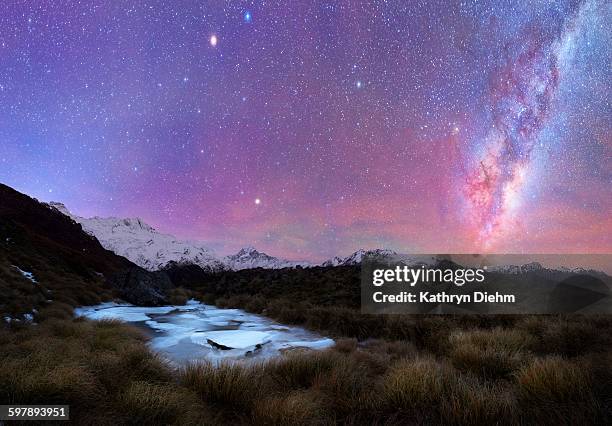 tarns frozen with ice and milkyway sky above - mt cook stock pictures, royalty-free photos & images