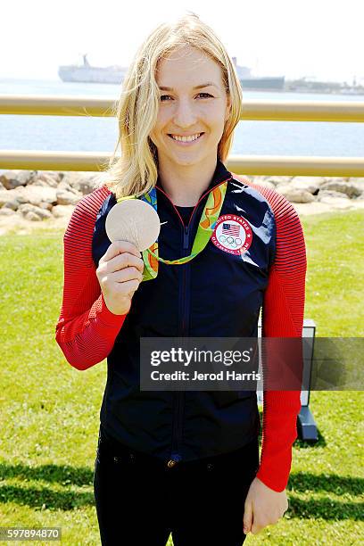 Lucy Davis, U.S. Olympic team silver medalist attends the preview of 'Longines Masters Experience' at Long Beach Harbor Lighthouse on August 29, 2016...