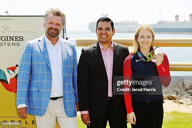 Christophe Ameeuw, CEO EEM/Longines Masters, Mayor of Long Beach Dr. Robert Garcia and Lucy Davis, U.S. Olympic team silver medalist attend the...