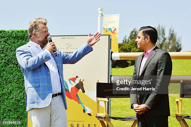 Christophe Ameeuw, CEO EEM/Longines Masters and Dr. Robert Garcia Mayor of Long Beach attend the preview of 'Longines Masters Experience' at Long...