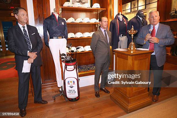 Davis Love III, Bill Huntington and Jeff Price attend POLO Ralph Lauren and Davis Love III Celebrate the 41st Annual Ryder Cup on August 29, 2016 in...