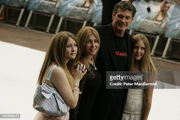 American actor and singer David Hasselhoff with his wife Pamela Bach and daughters Taylor and Hayley at the premiere of 'I, Robot' in Leicester...