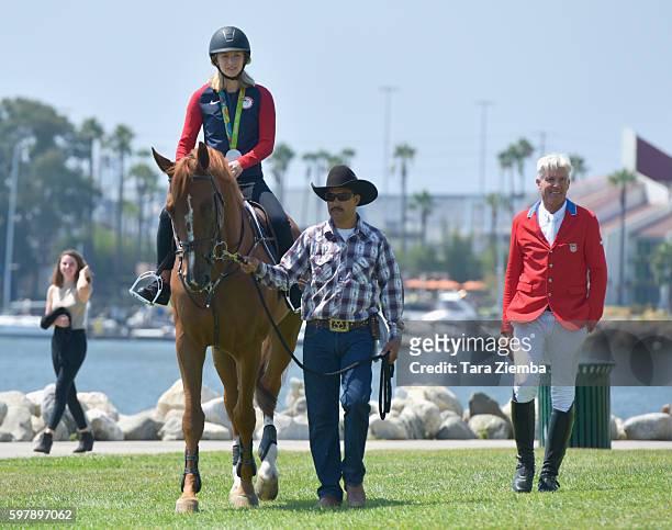 Olympic Silver Medalist Lucy Davis and 2012 Olympian Rich Fellers attend the Longines Masters of Los Angeles preview at Shoreline Aquatic Park on at...