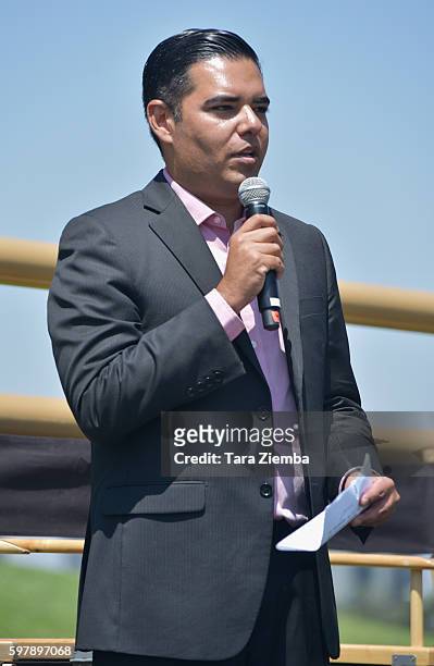 Long Beach Mayor Robert Garcia speaks at Longines Masters of Los Angeles preview at Shoreline Aquatic Park at Long Beach Harbor Lighthouse on August...