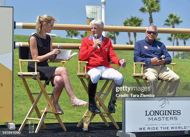 Moderator Debbie Emery, 2012 Olympian Rich Fellers and 2008 Olympic Gold Medalist Will Simpson attend the Longines Masters of Los Angeles preview at...