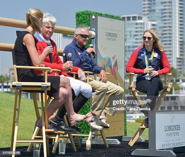 Moderator Debbie Emery, 2012 Olympian Rich Fellers, 2008 Olympic Gold Medalist Will Simpson and 2016 Olympic Silver Medalist Lucy Davis attends the...
