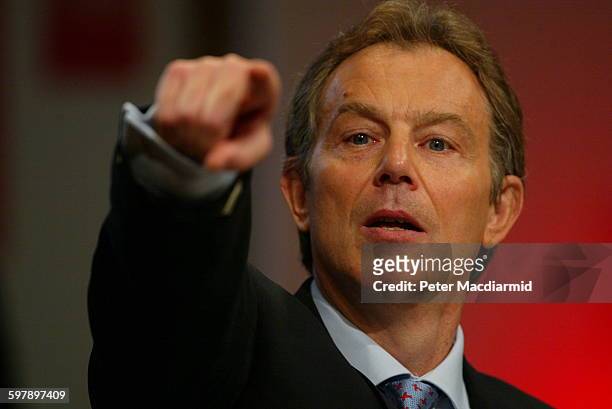 Britain's Prime Minister Tony Blair launches his party's European Election campaign at Canary Wharf in London, May 10th 2004.