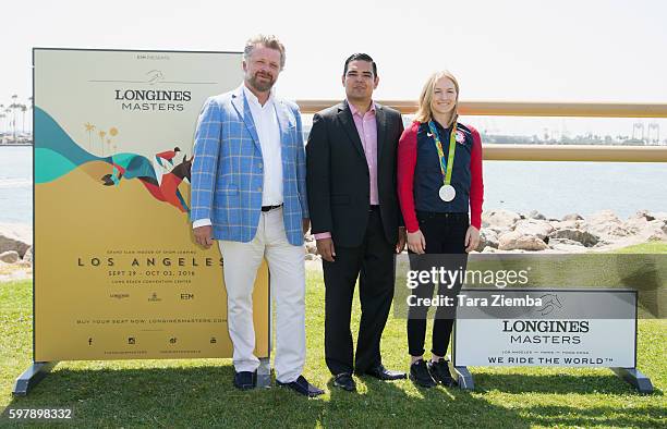 Founder and CEO Christophe Ameeuw, Long Beach Mayor Robert Garcia and 2016 Olympic Silver Medalist Lucy Davis attend the Longines Masters Experience...