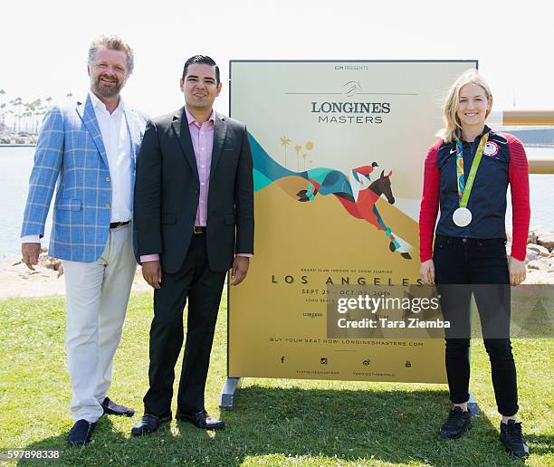 Founder and CEO Christophe Ameeuw, Long Beach Mayor Robert Garcia and 2016 Olympic Silver Medalist Lucy Davis attend the Longines Masters Experience...