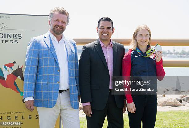 Founder and CEO Christophe Ameeuw, Long Beach Mayor Robert Garcia and 2016 Olympic Silver Medalist Lucy Davis attend the Longines Masters Experience...