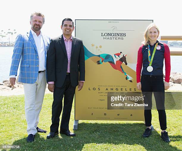 Founder and CEO Christophe Ameeuw, Long Beach Mayor Robert Garcia and 2016 Olympic Silver Medalist Lucy Davis attend the Longines Masters Experience...