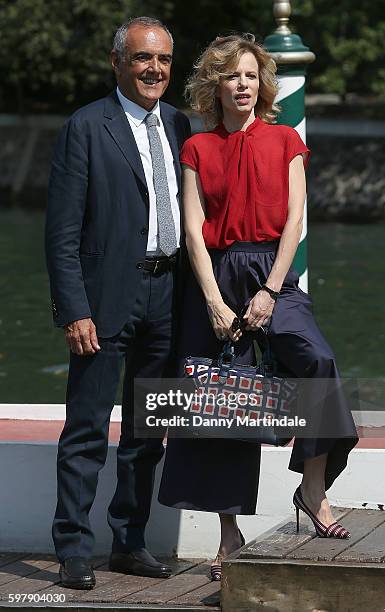 Festival hostess Sonia Bergamasco and Alberto Barbera arrive at Lido during the 73rd Venice Film Festival on August 30, 2016 in Venice, Italy.