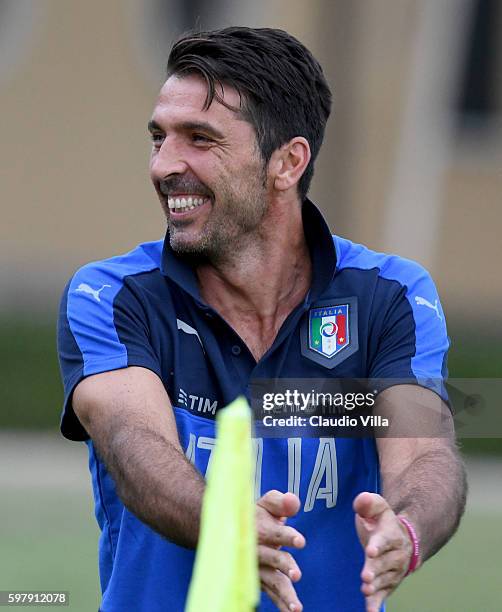 Gianluigi Buffon of Italy reacts during the training session at the club's training ground at Coverciano on August 30, 2016 in Florence, Italy.