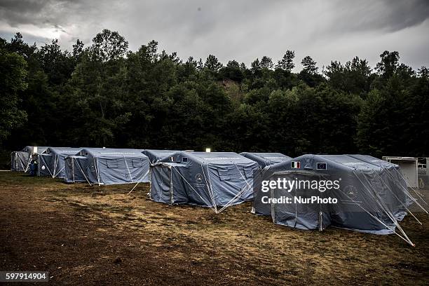 General view of tent camp in Amatrice hit by earthquake on August 30, 2016 in Amatrice, Italy. Italy has declared a state of emergency in the regions...