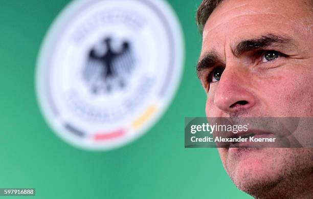 Stefan Kuntz, newly unveiled U21 head coach of the German national team, speaks to media during a press conference at Schlosshotel Bad-Wilhelmshoehe...