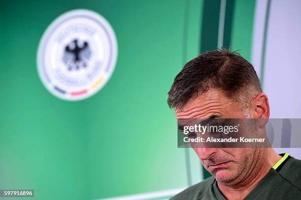 Stefan Kuntz, newly unveiled U21 head coach of the German national team, speaks to media during a press conference at Schlosshotel Bad-Wilhelmshoehe...