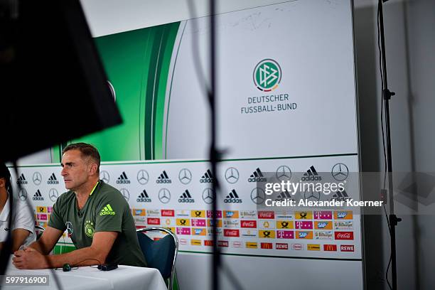 Stefan Kuntz, newly unveiled U21 head coach of the German national team, speaks to media during a press conference at Schlosshotel Bad-Wilhelmshoehe...