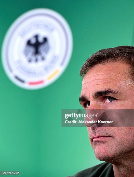 Stefan Kuntz, newly unveiled U21 head coach of the German national team, speaks to media during a press conference at Schlosshotel Bad-Wilhelmshoehe...