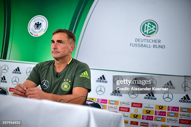 Stefan Kuntz, newly unveiled U21 head coach of the German national team, speaks to media during a press conference at Schlosshotel Bad-Wilhelmshoehe...