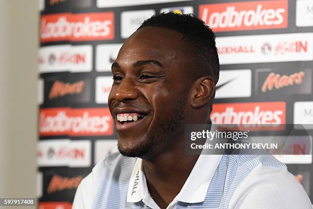 England's Michail Antonio takes part in a press conference at England's training camp in Burton-on-Trent, central England on August 30, 2016. Sam...