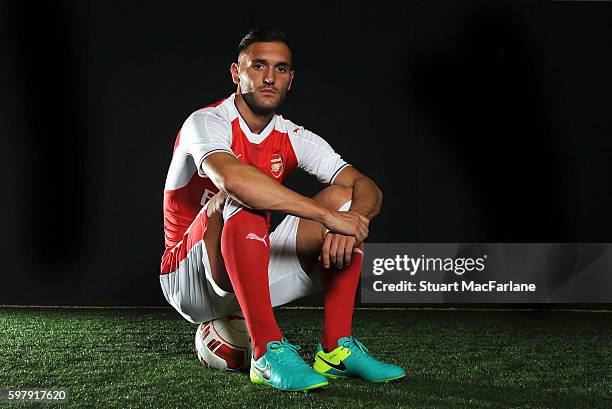 Arsenal unveil new signing Lucas Perez at London Colney on August 28, 2016 in St Albans, England.