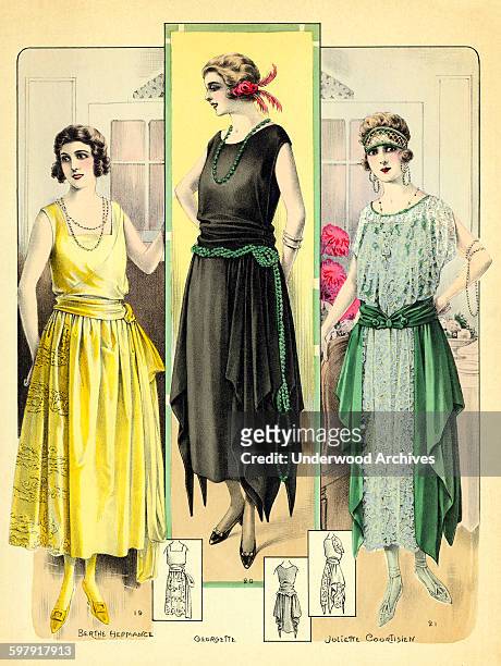 Lithographic plate of three fashionable women from a French fashion catalogue, 'De La Femme Chic,' Paris, France, 1921.